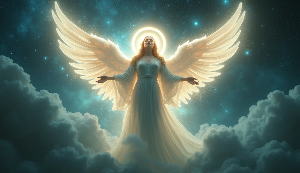 an ultra realistic celestial figure, with open wings and a halo, suggesting the transmission of the divine message, godly light, convey depth