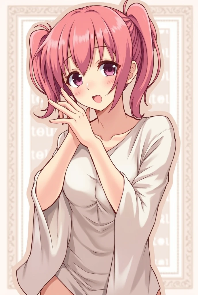 Beautiful anime girl,Sticking out her long slobbery tongue,Wrap around a boy's waist,And ready to be put into the mouth。