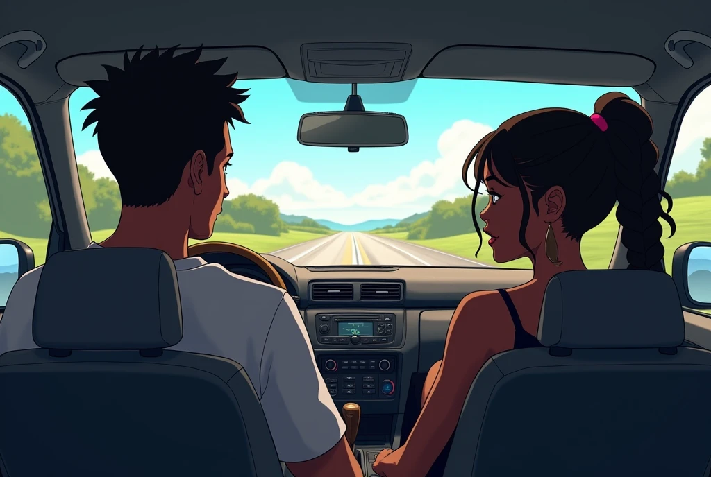 inside of a car with a road on the windshield, with a black male driver with ponytail braided hair and a black female passenger next to him in anime style, back view of the characters