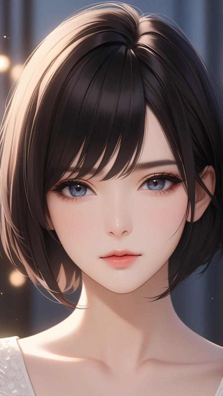 (Top resolution、Distinct_image)top-quality、FEMALES、masterpiece、ighly detailed、Semi-realistic、Black short hair、Dark hair、grey eyes、bangss、25-years old、Mature、young、Exquisite facial features、Facial features,closing eye