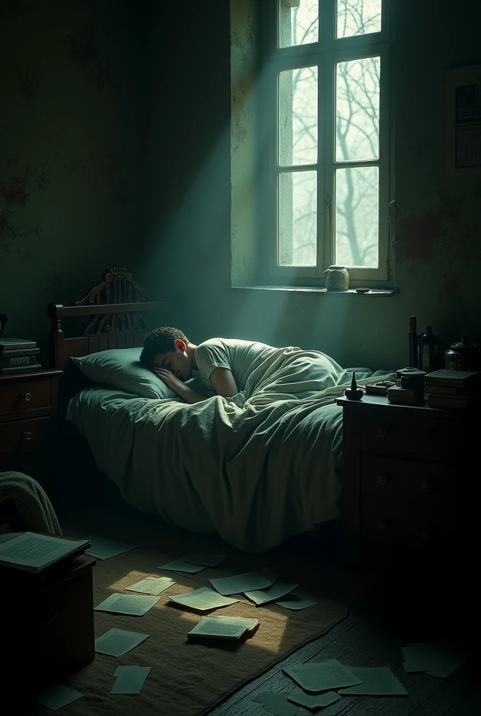 A dark room, barely illuminated by a ray of sunlight entering through a closed window. We see Gregor Samsa, a young man of about 2, sleeping in his bed, covered up to the neck. The room is messy, with papers and books scattered everywhere.
