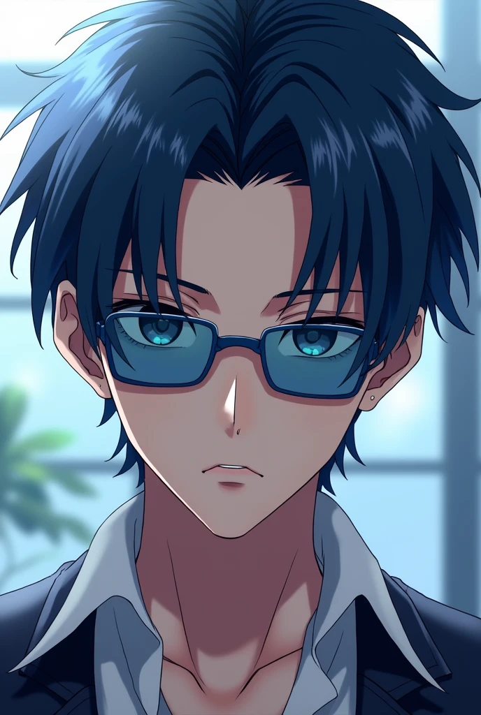 is a handsome man with midnight blue hair that is styled in pullback while leaving bangs on both sides, grey eyes and he wears square-rimmed sunglasses of blue shades. Anime
