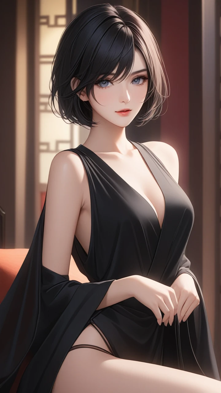 (Top resolution、Distinct_image)top-quality、FEMALES、masterpiece、ighly detailed、Semi-realistic、Black short hair、Dark hair、grey eyes、bangss、25-years old、Mature、young、Exquisite facial features、Facial features,closing eye