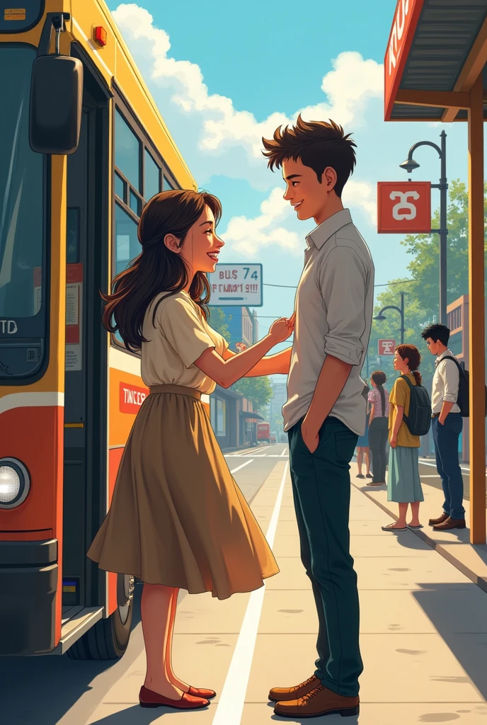 Generate image of a woman with a full body in a blouse and skirt, waiting for a tall, thin man, light outfits, get off the bus at the bus station. The man is at the bus door. They are happy to meet each other again. They hug each other.