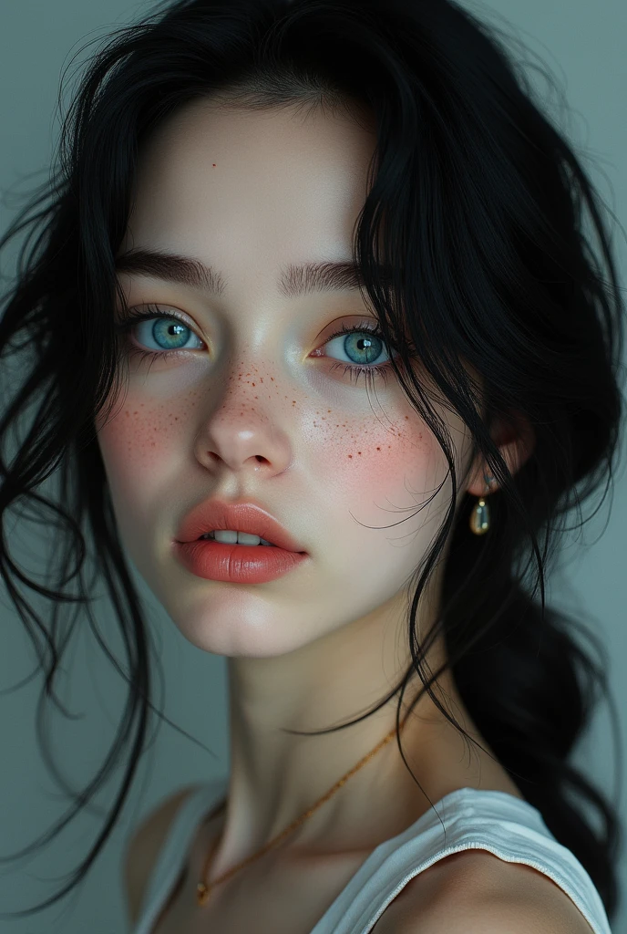 Create a realistic image of a woman with unreal beauty of approximately 3 or , almost sky blue eyes, black hair, in layers, well combed and with a white mole in the hair.not so thin face .thick eyelashes and eyebrows,splattered nose, Pale skin with pink undertones