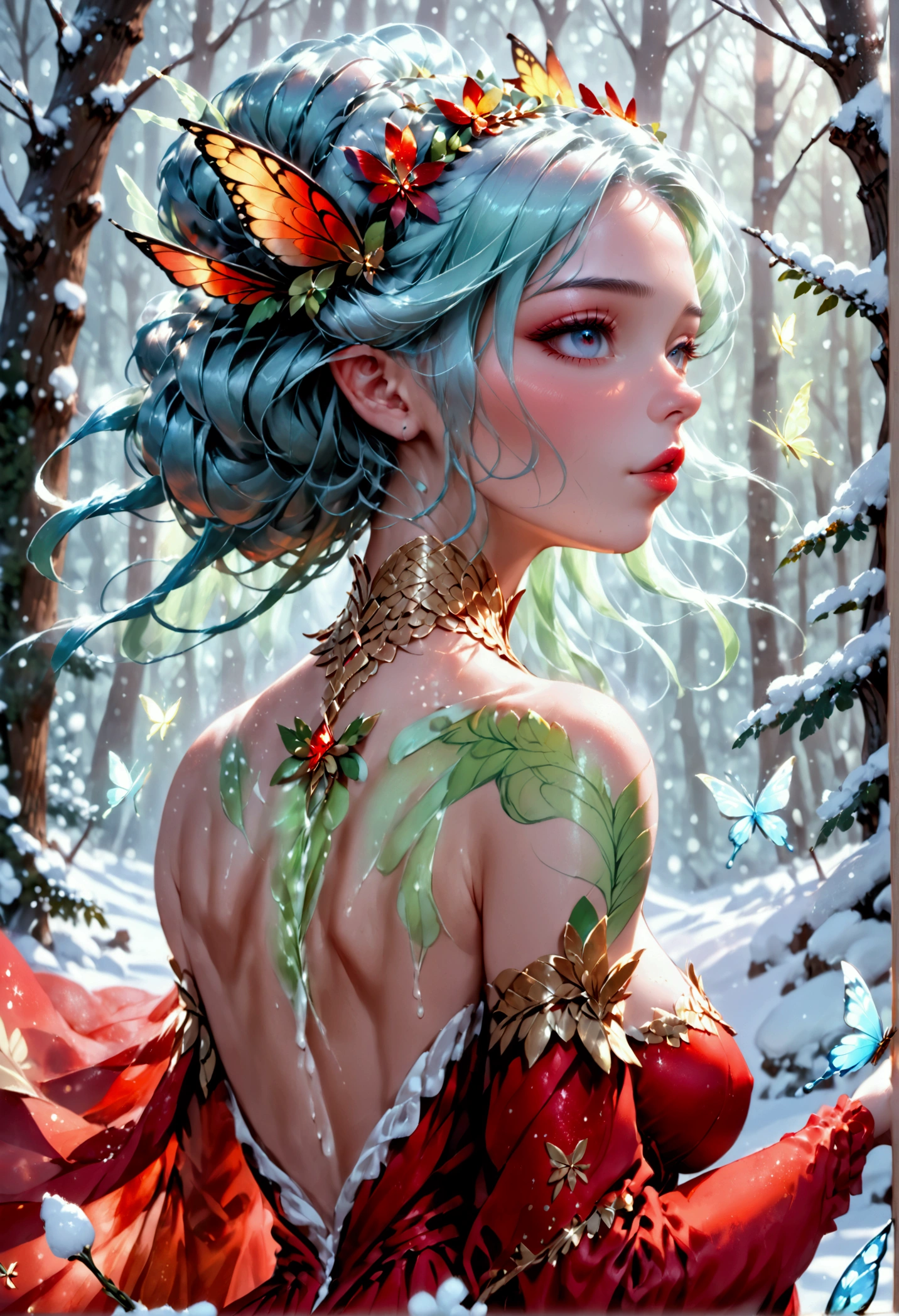 (oil painting art: 1.5) a most beautiful fairy playing in the snow, a beautiful fairy, ((full body shot: 1.5)), (best detailed face: 1.3), spread butterfly wings, dynamic hair color, dynamic hair style, busty, wearing red silk dress, intricate silk, wearing high heels boots, she is playing the snow, fresh snow in the forest, high snow, long shot, High Detail, Ultra High Quality, High Resolution, 16K Resolution, Ultra HD Pictures, Ultra Realistic, Clear Details, Realistic Detail, Ultra High Definition, DonMF41ryW1ng5XL, Cryptic Paladin 001