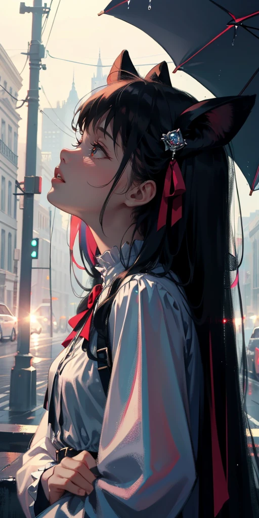 uhd, textured skin, good quality, High details, masterpiece, best quality, (Amazingly absurd:1.2), (masterpiece:1.2), fluffy, 1 Vampire Girl, cute dress, looking sad, glowing eyes, shining hair , Whole body love, black long hair, hair bow, white kneesocks full body, Kawaiitech, soft colours, Kawaii, Beautiful colors, waiting in th streets, heavy rain, Wet, looking up