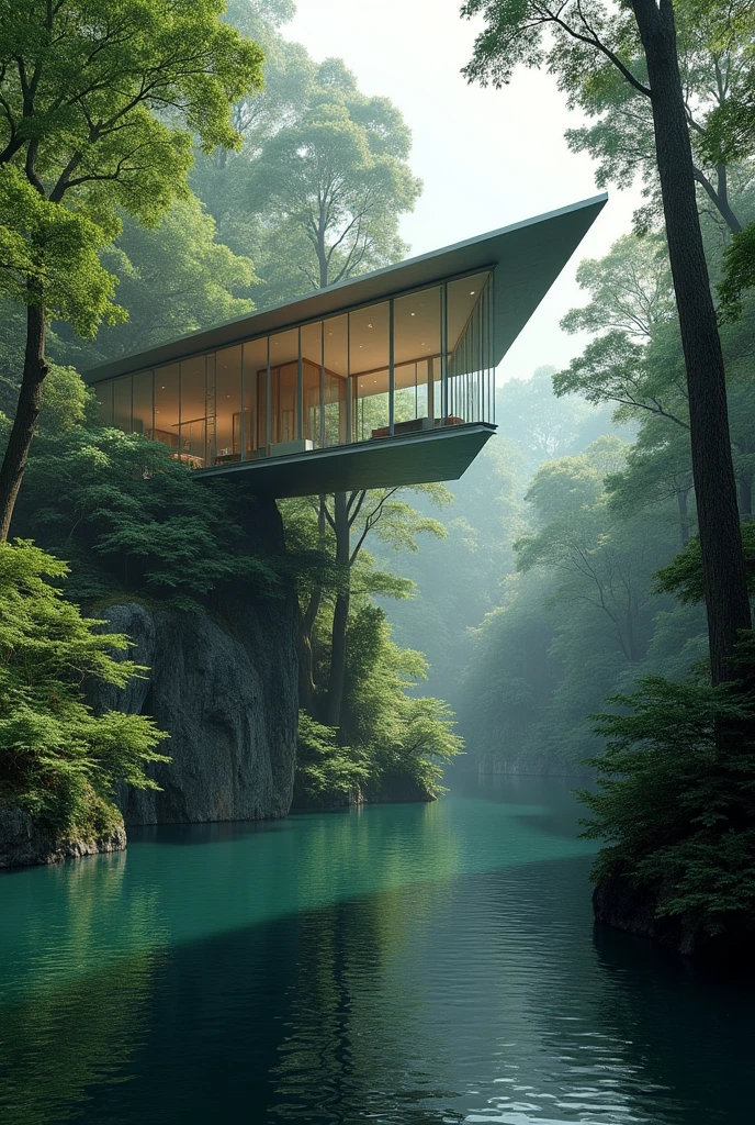 High Pavilion, lost among the trees, built in steel, in front of a lake