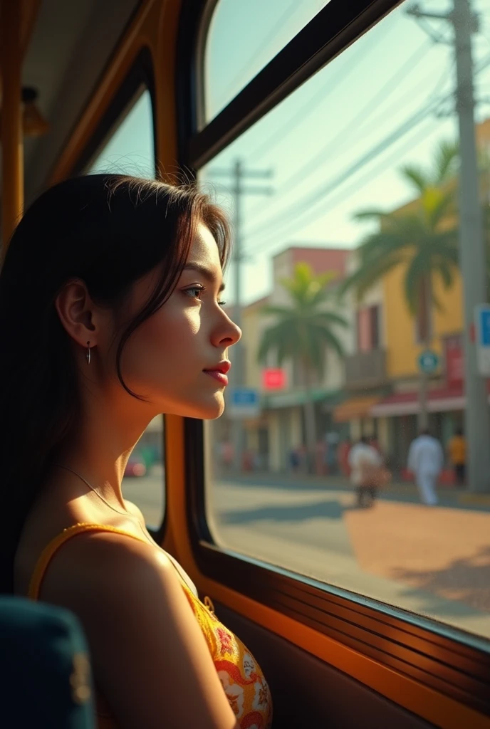 A young foreign woman sits on the bus looking out the window and suddenly meets a friend who had been living in this country for 3 years. (brazil) but it's the first time they've met