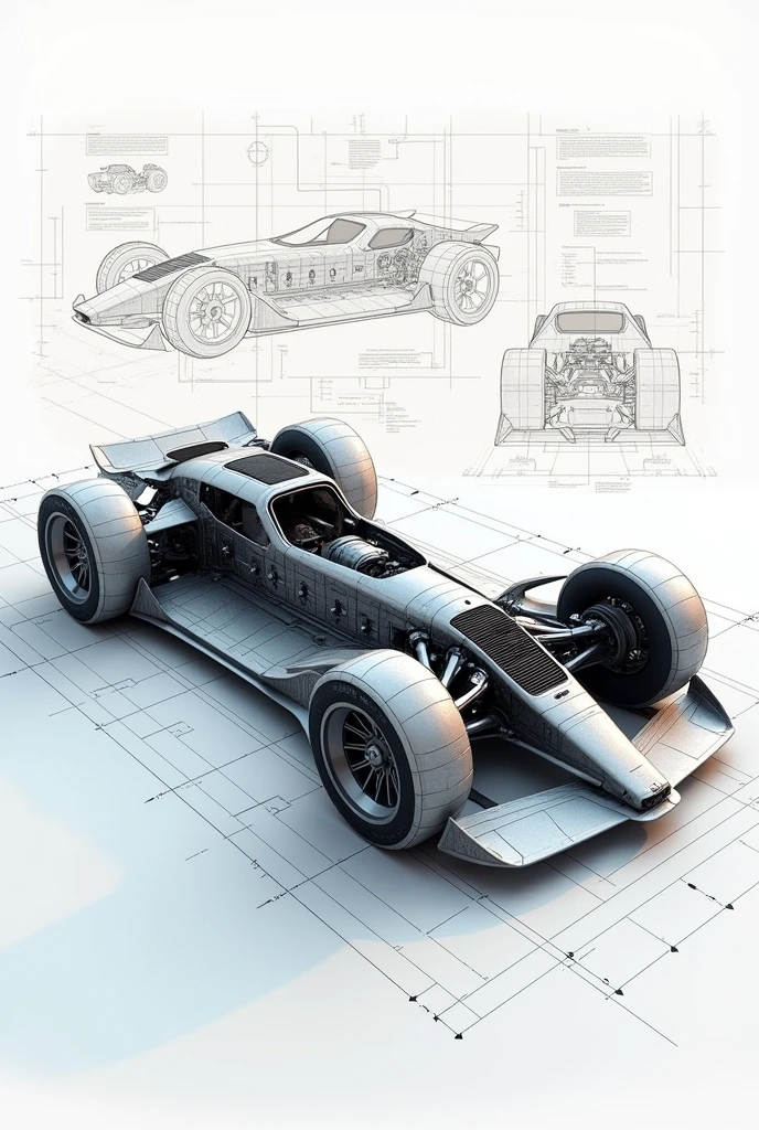 Futuristic rear-wheel drive car chassis and cage, and central electric motor Technical drawing