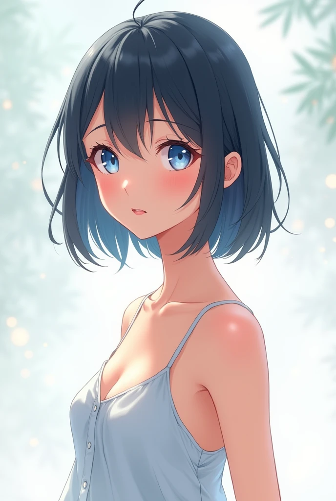 Anime version of girl with semi-short, straight hair, cup size a, slim, blue eyes and short stature
