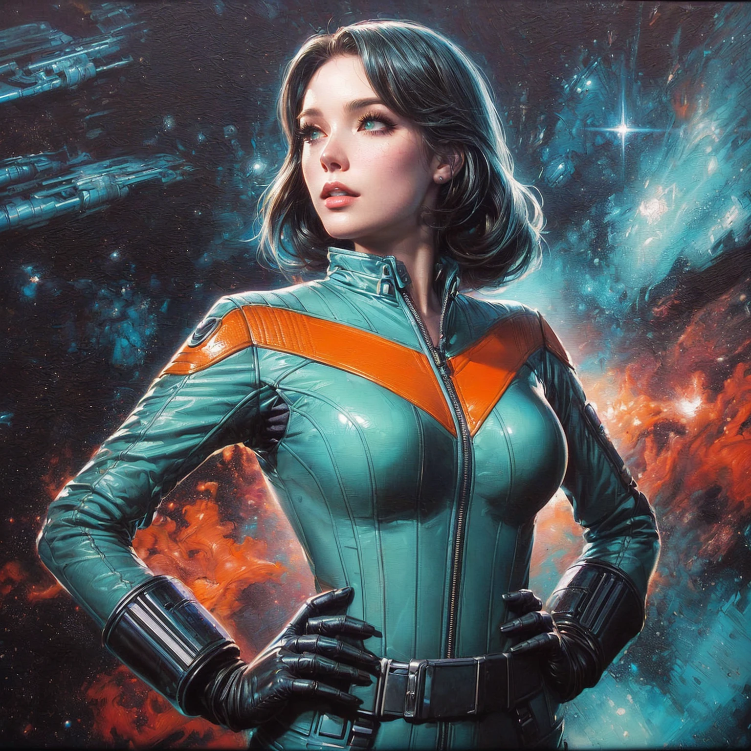 a close up of a painting of a woman in a tight latex space suit, artgerm julie bell beeple, chris moore. artgerm, artgerm jsc, as a retro futuristic heroine, as a retrofuturistic heroine, scifi woman, inspired by Barclay Shaw, artgerm and lois van baarle, art deco of a space woman