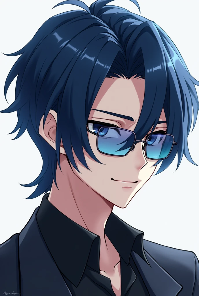 is a handsome man with midnight blue hair that is styled in pullback while leaving bangs on both sides, grey eyes and he wears square-rimmed sunglasses of blue shades. Anime
