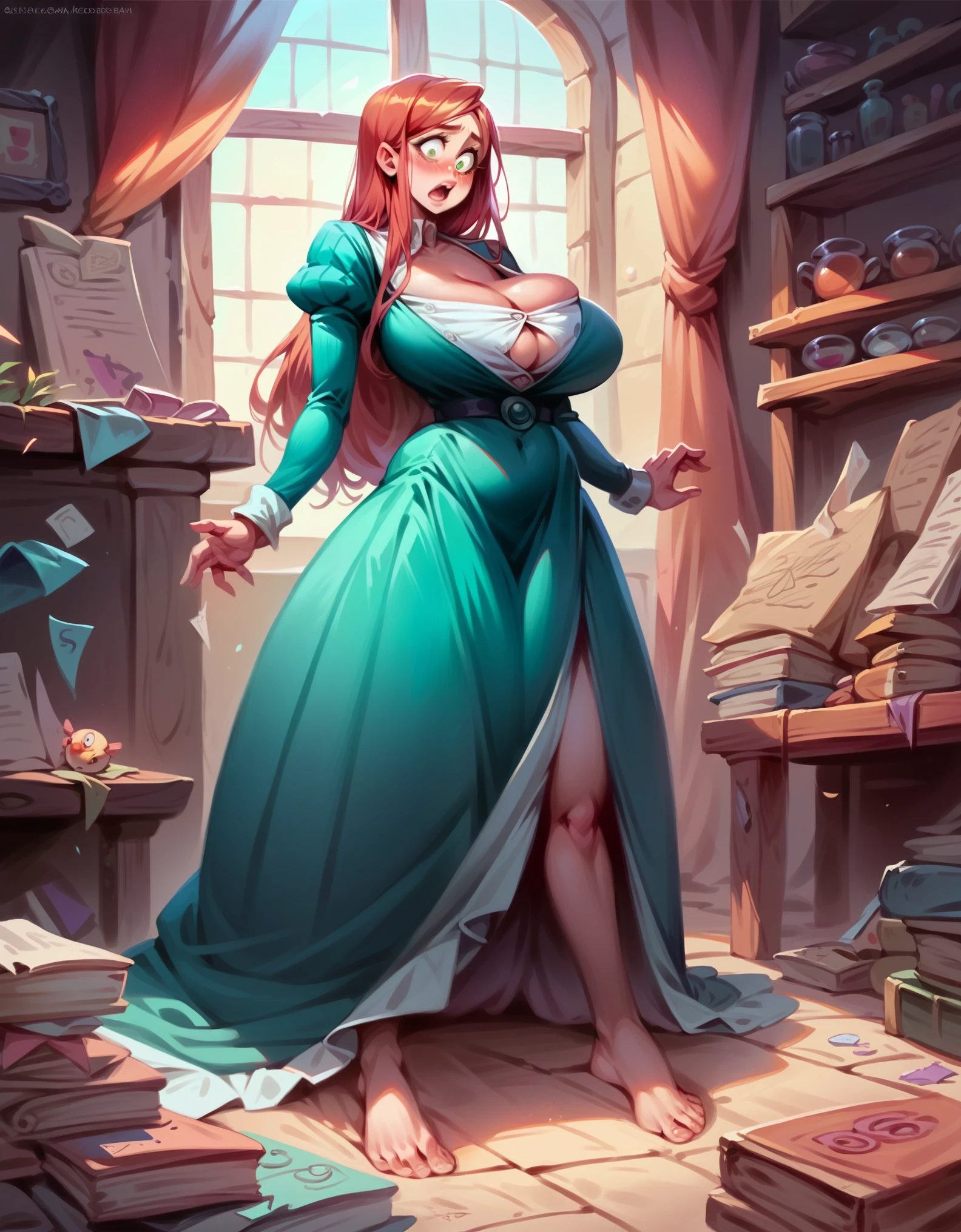 A ((human woman sorceress )) (shocked emotions:1.1) tavern background, ((immobile)) ,realistic anime style, breast inflation , tight dress, bare feet, off balance , huge sagging chest, button pop, stretched clothes, undersized top