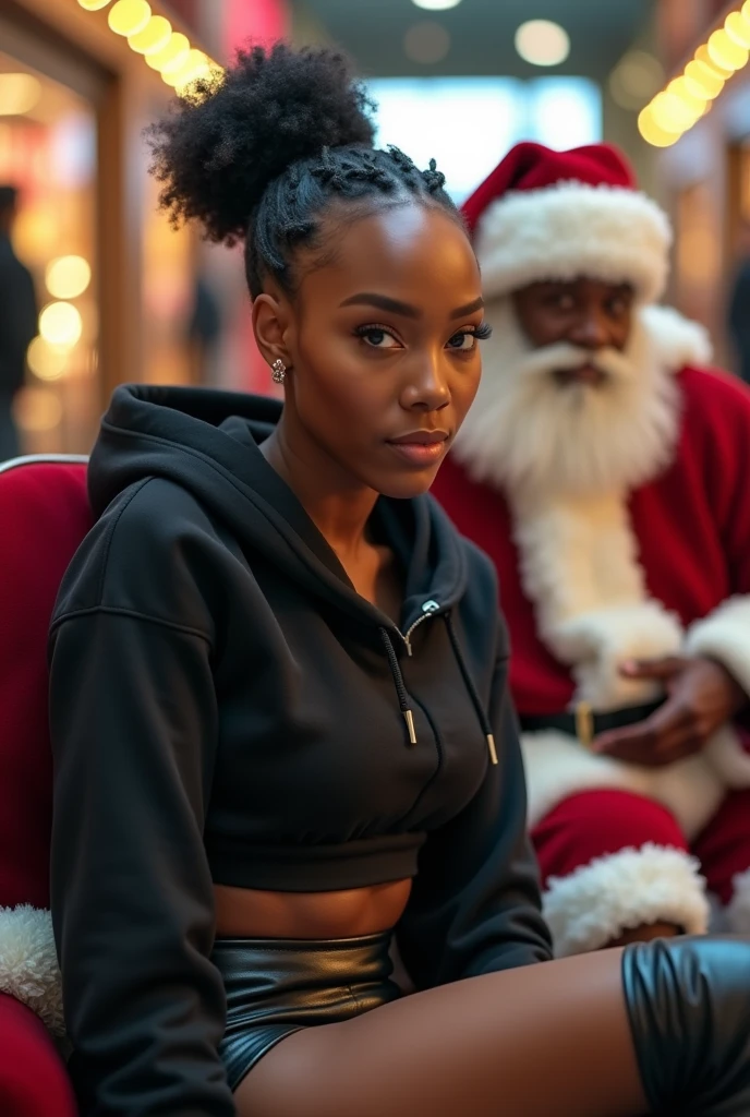 Black woman wearing leather short shorts and black hoodie hair in a bun setting on santas lap in the mall. The look on her face is eyes wide open and excited side view