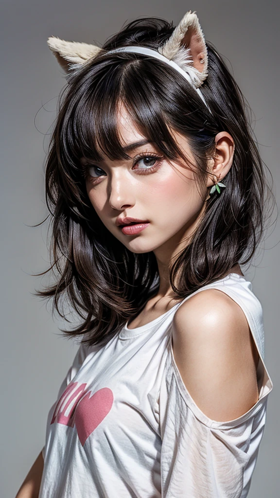 one person, animal_ear_Fluff, animal_ears, Front hair, just_shoulder, black_hair, blush, Large chest, cw_ears, Closed_mouth, Eyebrow_appear_Through_hair, green_eye, gray_background, hair_between_eye, Khalil_(Prwcess_Connectwg!), length_hair, Lookwg_w_Audience, Moderate_chest, multicoloured_hair, shirt, Simple_background, No sleeve, No sleeve_shirt, One person, upper_body, white_background, white_shirt,