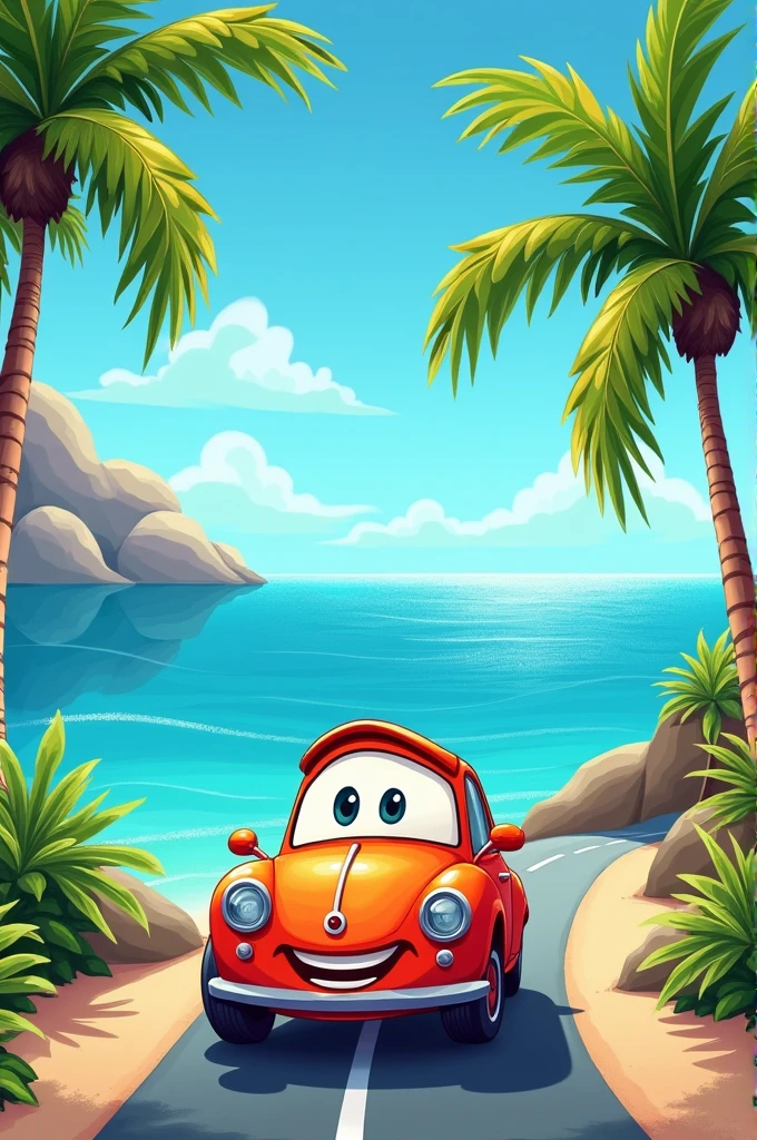 A car traveling on a road next to the sea, with palm trees around, all this to look animated