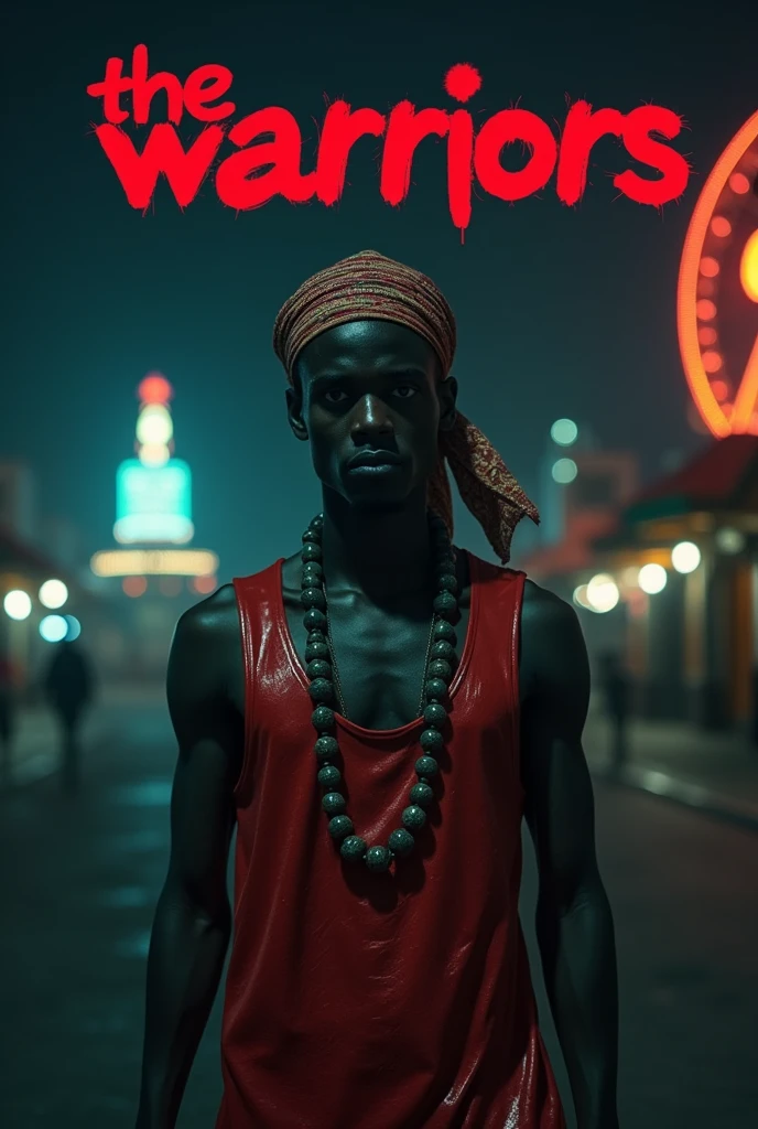 Movie poster style image featuring a dark background with minimal lighting, highlighting a single male subject in the foreground. The subject has dark skin and is wearing a sleeveless, shiny red vest with a patterned headscarf. He also has a necklace with large beads. The text 'The Warriors' is prominently displayed in bold, red, graffiti-style font across the lower part of the image. In the background, there are faint outlines of buildings and a Ferris wheel, adding to the urban night setting.