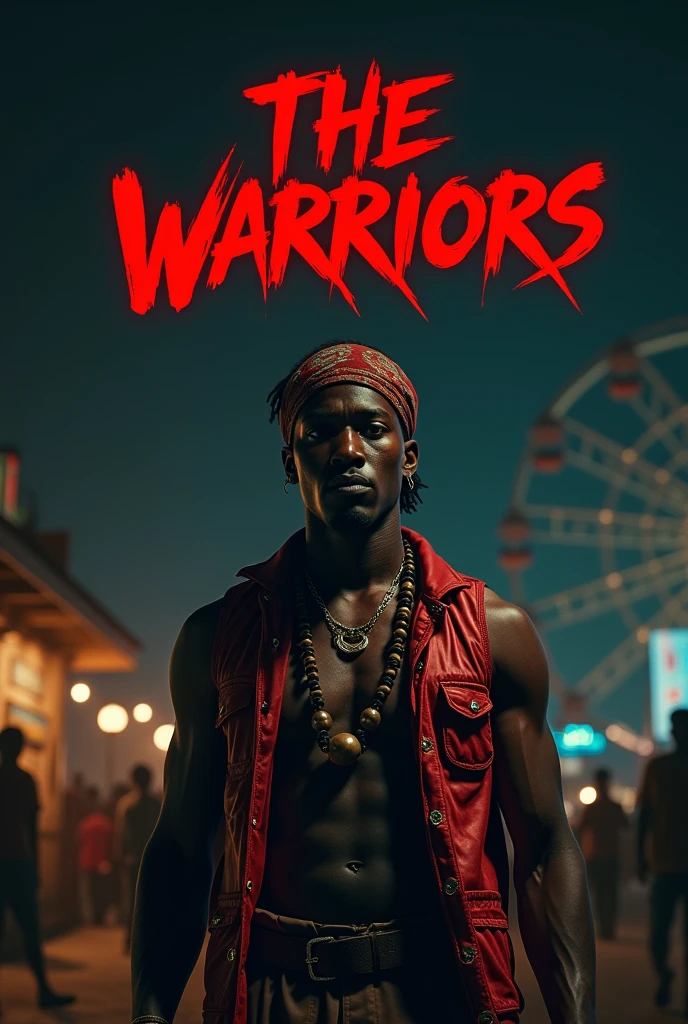 Movie poster style image featuring a dark background with minimal lighting, highlighting a single male subject in the foreground. The subject has dark skin and is wearing a sleeveless, shiny red vest with a patterned headscarf. He also has a necklace with large beads. The text 'The Warriors' is prominently displayed in bold, red, graffiti-style font across the lower part of the image. In the background, there are faint outlines of buildings and a Ferris wheel, adding to the urban night setting.