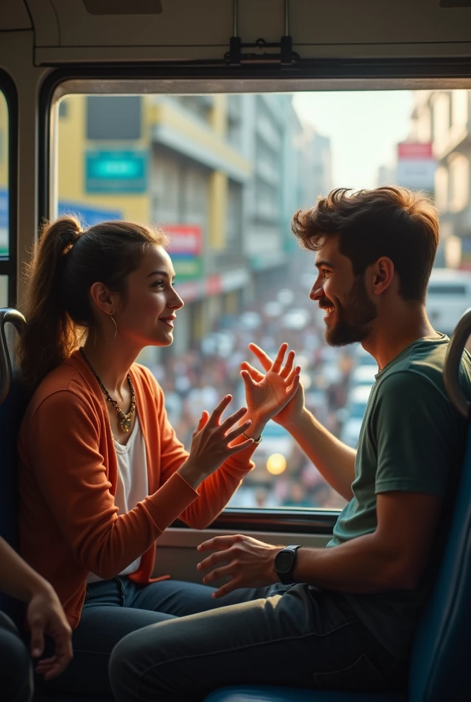A young foreign woman sitting on the bus suddenly meets a friend who had been living in this country for 3 years. (brazil) but it's the first time they've met