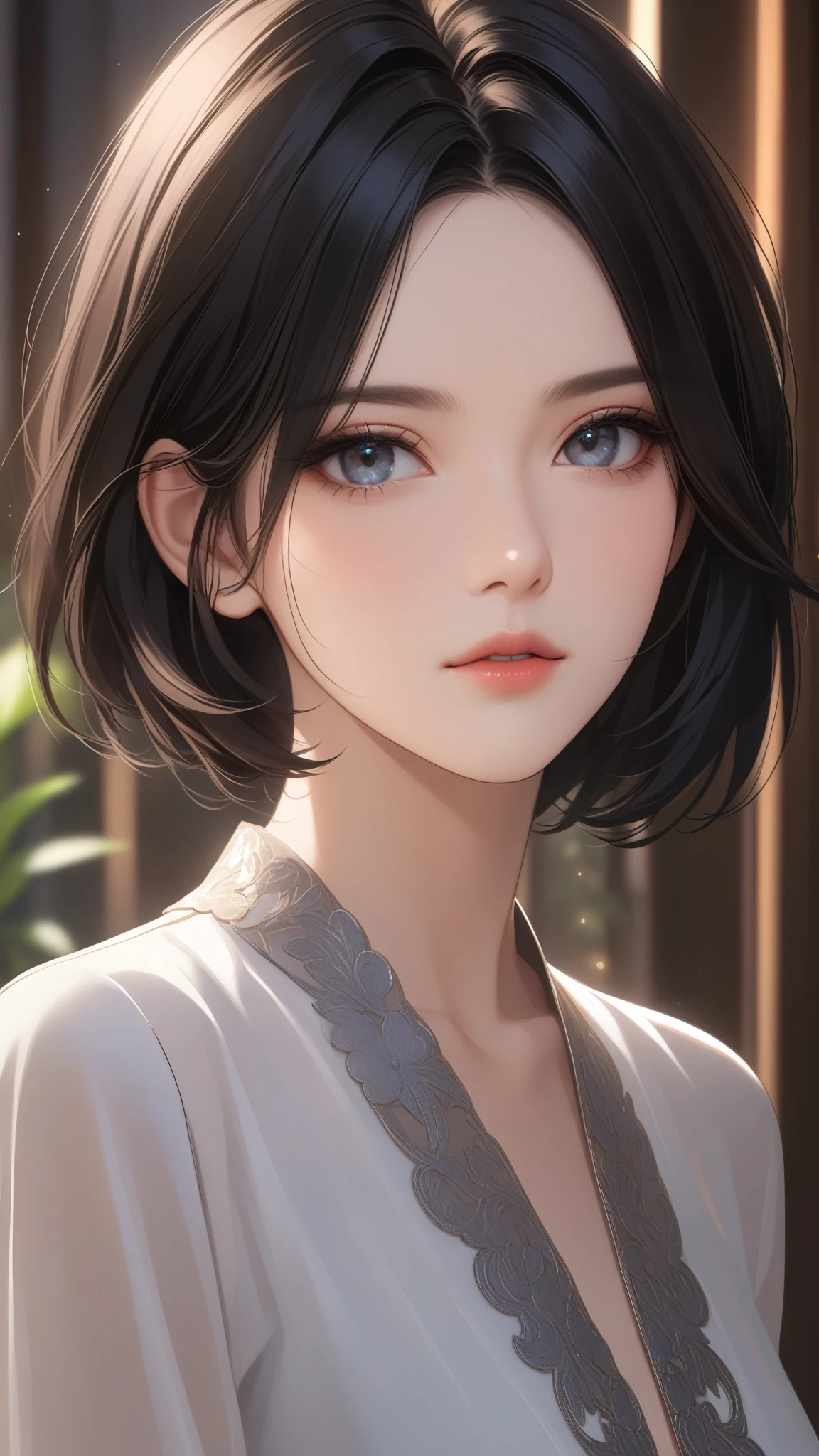 (Top resolution、Distinct_image)top-quality、FEMALES、masterpiece、ighly detailed、Semi-realistic、Black short hair、Dark hair、grey eyes、bangss、25-years old、Mature、young、Exquisite facial features、Facial features,closing eye