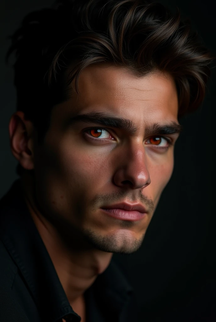 1 men, 30years, dark red eyes, perfect lighting, Bblack hair, side lighting, face detailed, big hair, brunette skin, simple background, darkness background