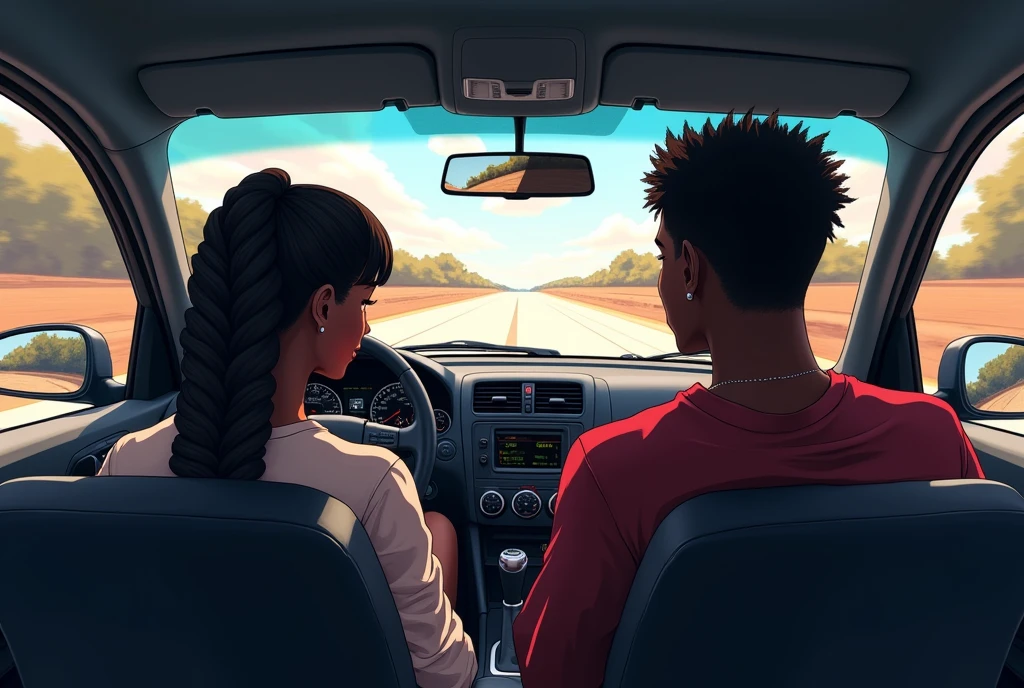 inside of a car with a road on the windshield, with a black male driver with ponytail braided hair and a black female passenger next to him in anime style, back view of the characters

