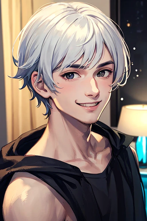((masterpiece)), (((best quality))), chromatic lighting,
colorized, white + black limited color palette, 
detailed concept drawing,
in a bedroom, at night, no weird object on his face,
portrait, 25yo 1guy, slender, topless, short white hair, black eyes, smiling