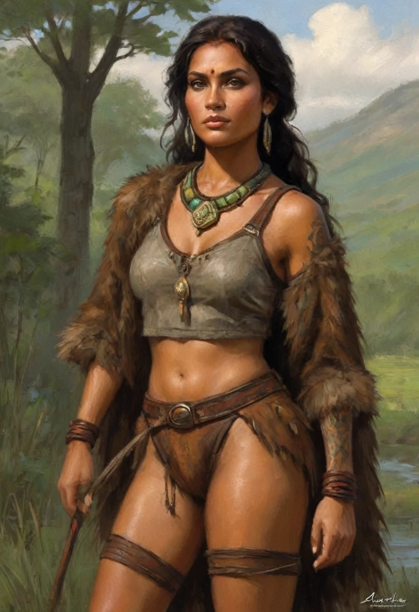 Style: "Prehistoric fantasy setting with a focus on authentic primitive clothing and accessories, reflecting the materials and craftsmanship of early human cultures." Arunna is a beautiful prehistoric woman of the European race. Face: Oval, with well-defined cheekbones, a straight nose and full lips. Big green eyes, dark brown hair with red highlights, long, wavy, loose. Light tanned skin. Body: Tall, athletic figure with muscular but graceful arms and legs. Medium-sized breasts, toned stomach, wide hips. Tattoos: A black tattoo of a primitive sun symbol on the left shoulder and three parallel lines on the right thigh. Clothing: Leather and fur bikini in natural colors (brown, gray). A short cape made of fur on the shoulders. Lifestyle and Character: Arunna lives in a wooded and mountainous area with often harsh winters. She is a lonely hunter who leads a nomadic lifestyle. Arunna is strong, determined and independent, skilled in combat, focused on survival and protecting her possessions.