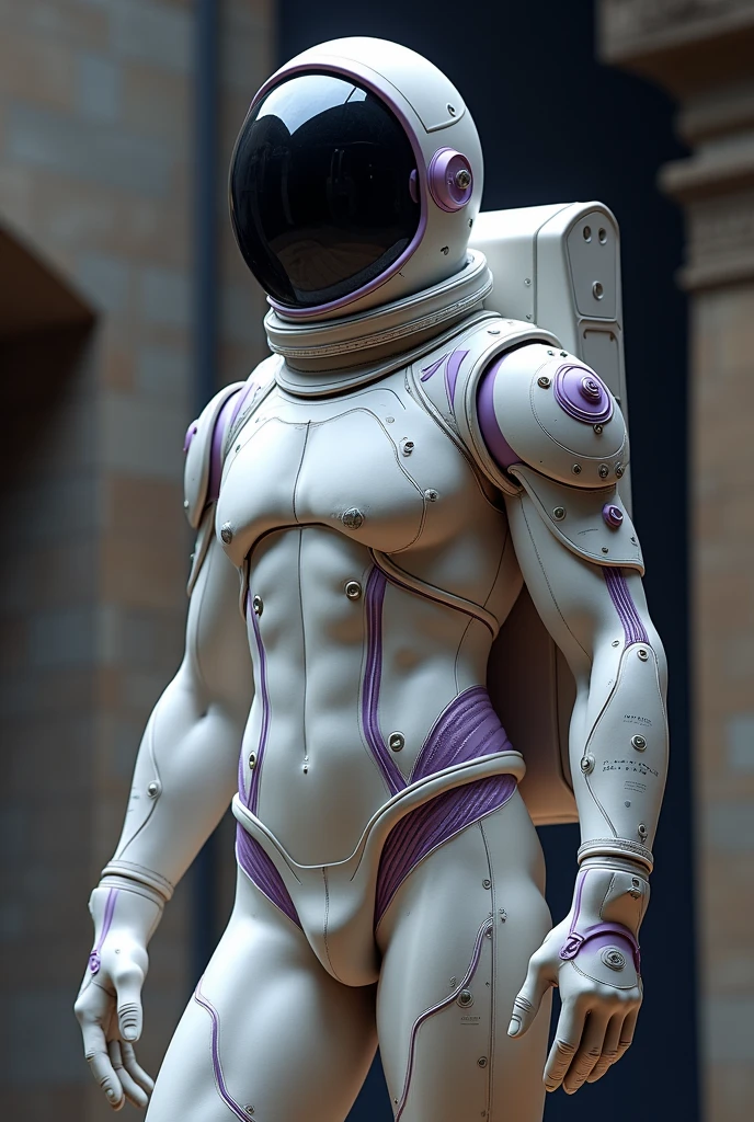 Greek statue dressed as an astronaut with purple details on the outfit
