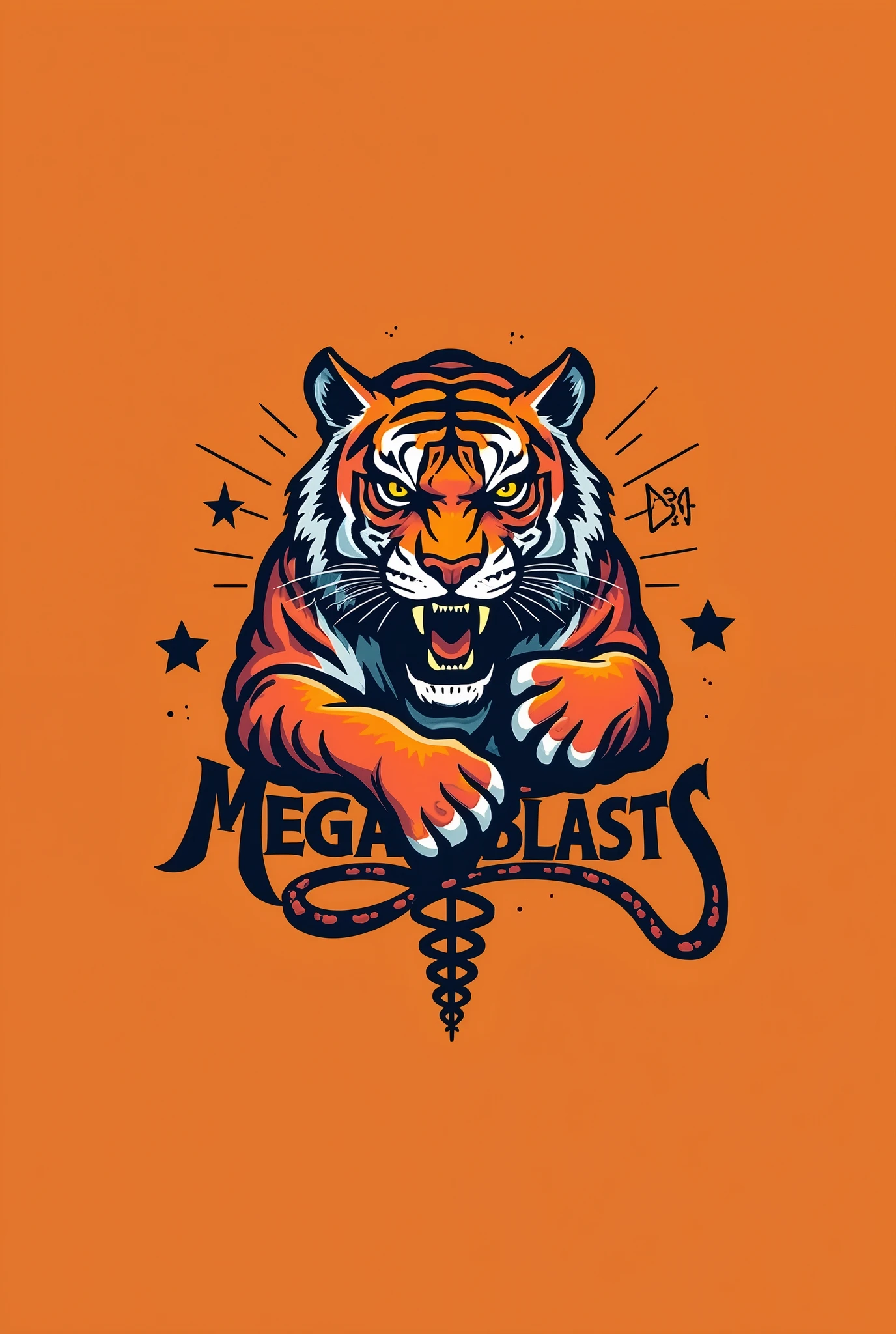 A tiger logo with the name megaloblasts , It has to be a logo related to medicine , Also add the medicine logo, with an orange background