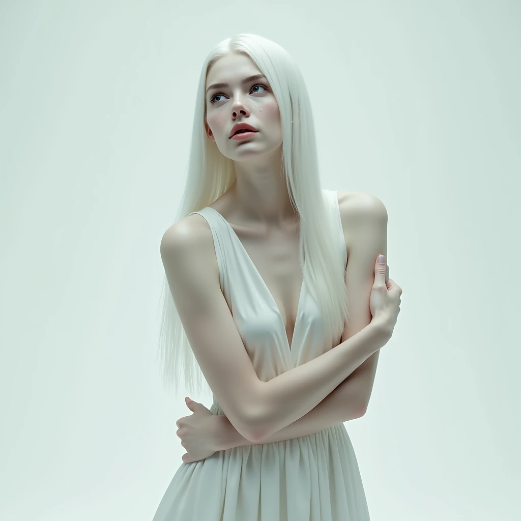 | A woman with long, straight white hair slicked back,| I want her without eyebrows in a very alternative setting,wearing a white silk dress,She gives a pose like She is hugging herself,| She will look up and a diamond tear will fall from her eyes,| I want the pearl white background,| I want her to be beautiful and for the image to convey an air of melancholy.
