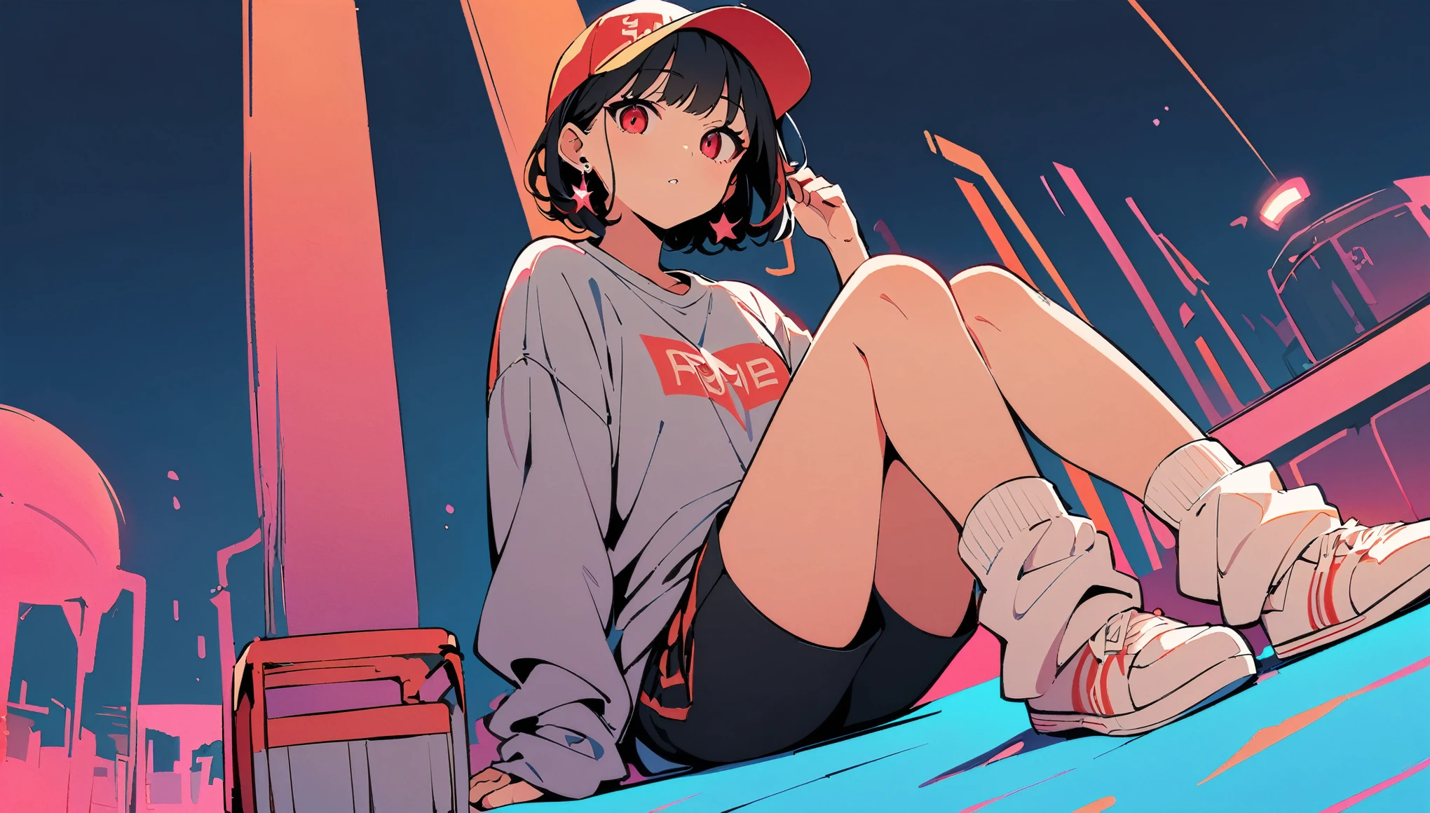 (high quality, 8k, 4K, High Contrast, masterpiece:1.2, 最high quality, Best aesthetics), ((1 female)),(Sitting on the ground), ((Sunny beach background)), ((Flat Color)), (Grey sweatshirt), ((Black shorts)),(white super loose socks), Looking at the audience, Transparent Background, (Staring at me), Sleepy eyes, High Contrast, Contrasting colors, , Pale pink and blue lighting, ((very short hair)) , Black Hair, Red eyes,, Small star-shaped earrings in both ears, bright eyeshadow,((low angle wide shot)), Baseball Cap,Red basketball shoes