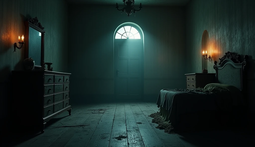 a bedroom at night,a door at the end of the room,dark and gloomy atmosphere,horror movie scene,moody lighting,dramatic shadows,cobwebs,flickering candles,old wooden furniture,creepy ambiance,high contrast,dark colors,chiaroscuro lighting,cinematic camera angle,eerie and unsettling,best quality,8k,highres,masterpiece,ultra-detailed,realistic,photorealistic
