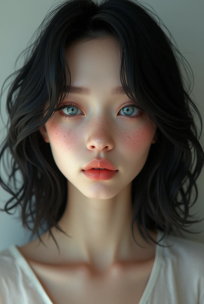 Create a realistic image with an unrealistically beautiful teenager of approximately 3 or , almost sky blue eyes, black hair, in layers, well combed and with a white mole in the hair.not so thin face .thick eyelashes and eyebrows,splattered nose, Pale skin with pink undertones