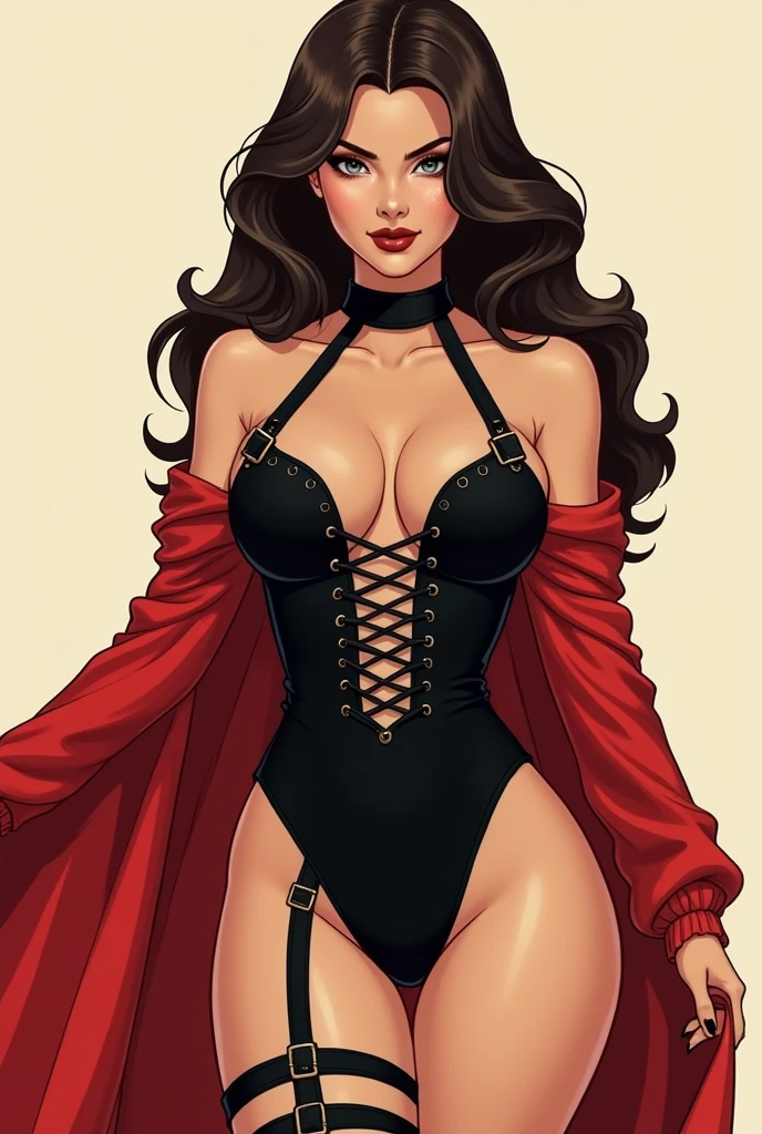 Flat factor of a sexy busty warrior nun. She is wearing a body suit, black,(((elegantly laced))). she has a tempting smile. Brunette, weavy hair over her shoulders. she is wearing a red cloak, leathers straps. pin-up style