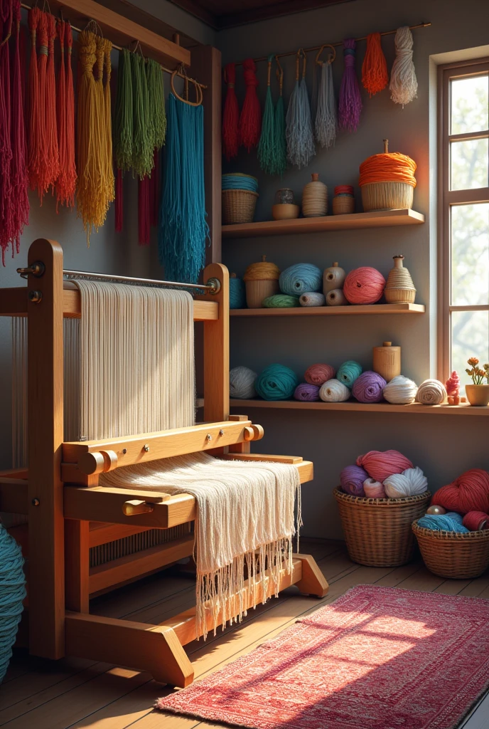 Draw me a picture of a loom weaving fabric and there are many threads of different colors and materials that need to be chosen.