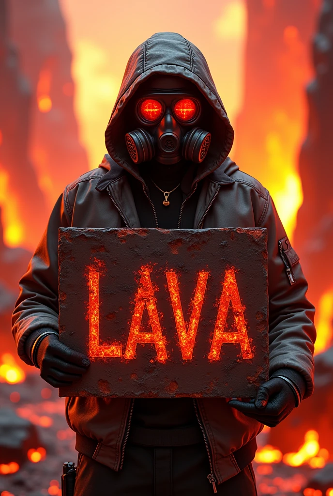 Gamer avatar wallpaper holding hellish lava sign with DAZKER word and wearing graffiti jacket with toxic gas mask in 3D style