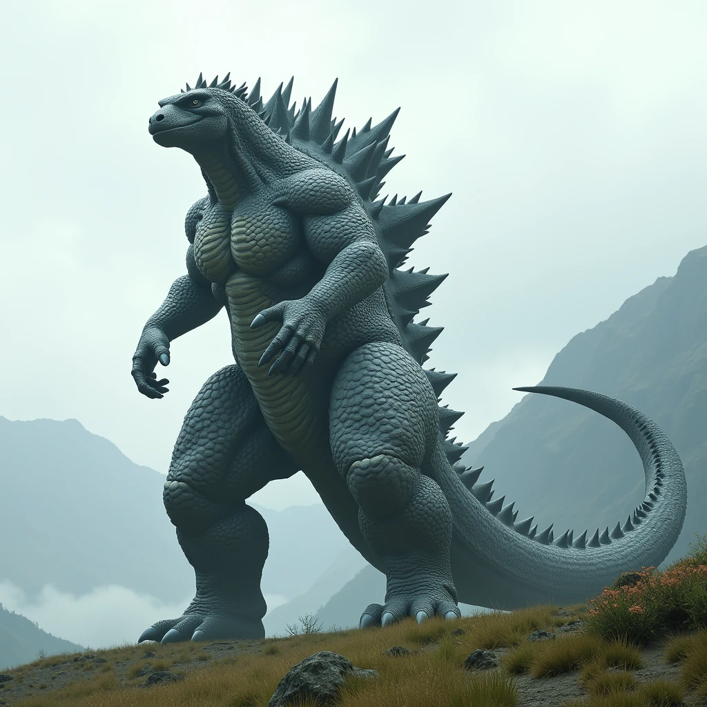 Godzilla, grey scales, bipedal, flat head, medium-sized arms, short snout, square-ish shaped head, sharp claws, robust body, long and thick legs, large tail, big dorsal plates, grassy hill, mountains in background, grey sky, close up