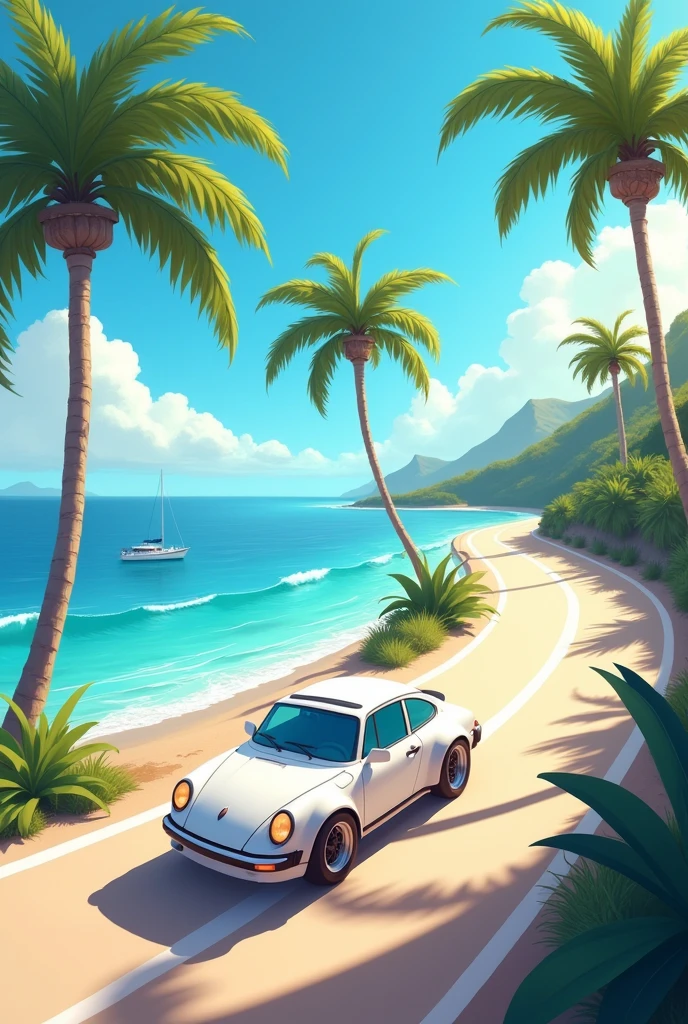 A white car traveling on a road next to the sea, with palm trees around, all this to look animated