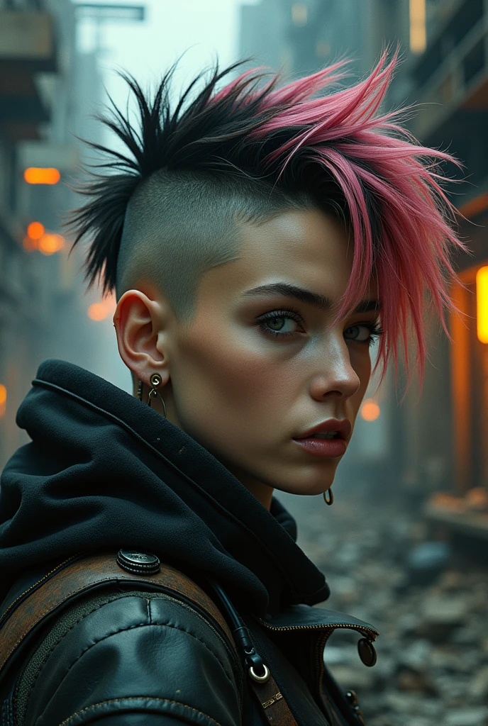 portrait ung woman ,science fiction, complex background punk, mad max , futuristic, post-apocalyptic, dark, dim light, ((masterpiece, best quality, )),