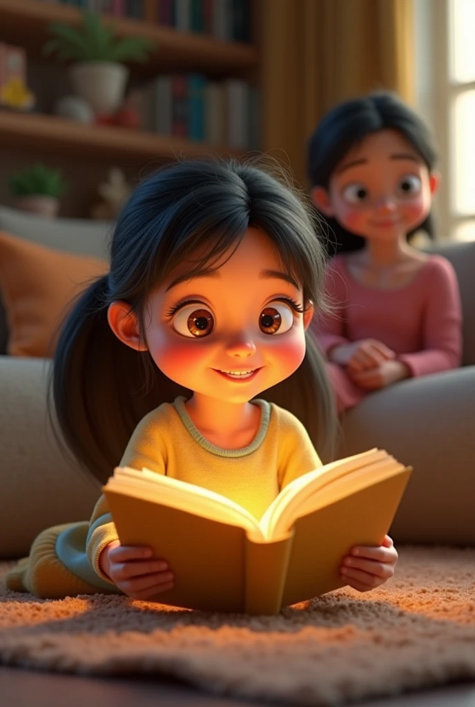 A smiling eleven-year-old Pixar-style girl reading a yellow book that has a life of its own, while her mother sees her seriously