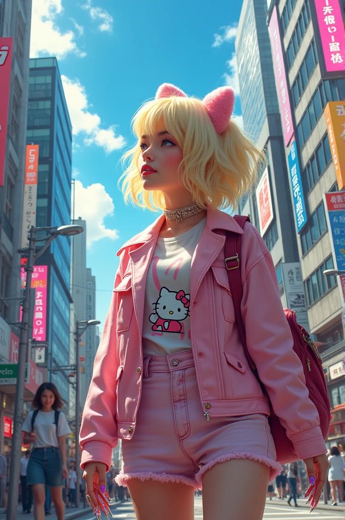Japanese gyaru subculture child with bleached hair, the nails are long and decorated with various elements including characters like Hello Kitty. walking on the streets of Tokyo looking at the sky