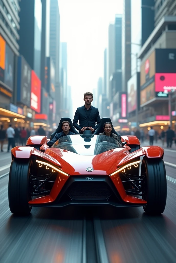 Small car with 3 passengers, driver stands in the middle. Rear wheel drive