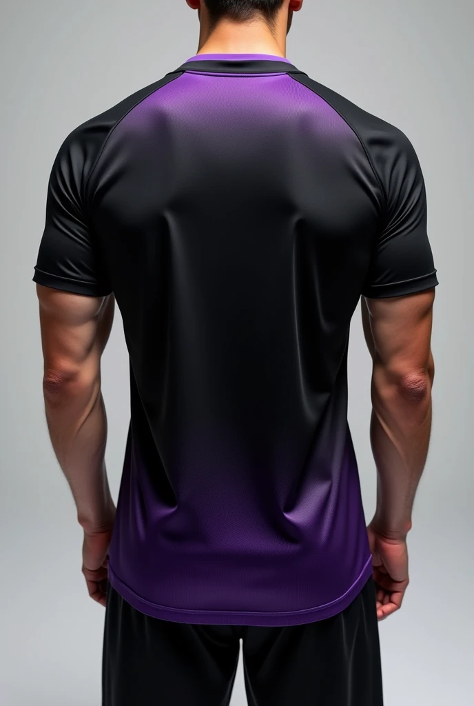 A black team jersey with a purple gradient at the bottom of the jersey, and with the purple collar too. This has great fabric.Show me the back of the same shirt