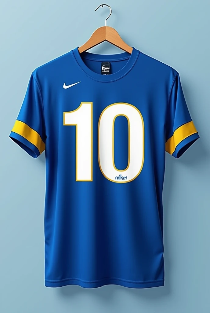 Draw the back of a midi shirt, with the number 10 large and centered. The shirt is predominantly blue, with yellow details on the edges of the sleeves and on the collar. The number 10 should be white with a yellow border. Do not include logo, name or emblem on the shirt. Design should be clean and modern, highlighting only the elements described. With extravagant gem yellow details of beautiful