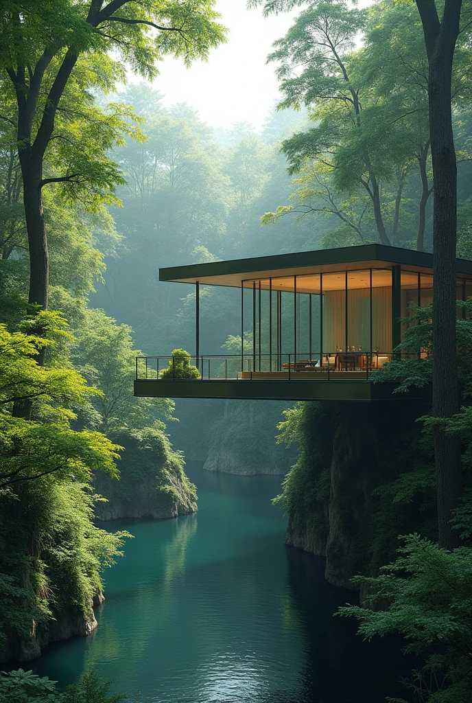 High Pavilion, lost among the trees, built in steel, in front of a lake