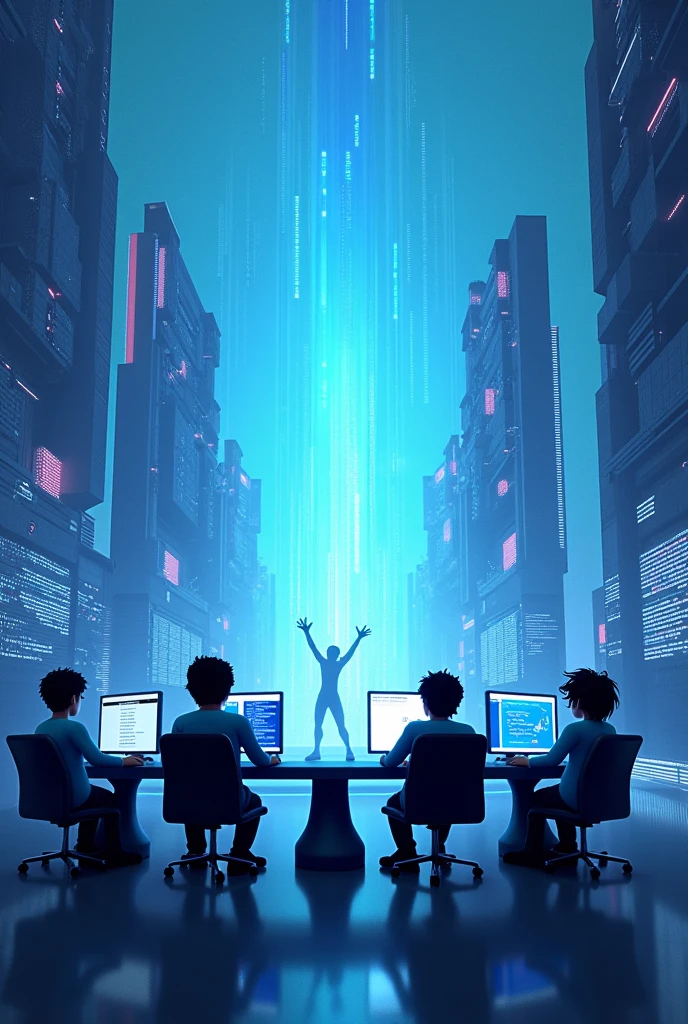 Créez une image représentant un fond inspiré de l'univers de Roblox avec un thème de développeur. Le décor doit être centré autour du métavers, avec des éléments modernes et futuristes, principalement dans des tons de bleu. Incluez des hologrammes, des interfaces utilisateur flottantes, et des lignes de code qui défilent en arrière-plan. Ajoutez des silhouettes ou des avatars de développeurs travaillant sur des consoles ou des ordinateurs, intégrant l'aspect créatif de Roblox. L'ambiance générale doit évoquer l'innovation et la technologie avancée, tout en restant dans l'esprit ludique de Roblox.