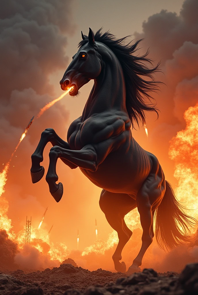 Erstelle ein Bild mit einem black
angreifenden aggressiven mächtigrn zugpferd hengst
mit atrken Muskeln und Adern und feuerroten Augenund einem offenem maul. It stands on its hind legs and the front legs are stretched high in the air. black, carbonizing, flames ground in stomps. The background should be a flaming inferno so that you can see the heat. There are rockets in the sky that are being intercepted