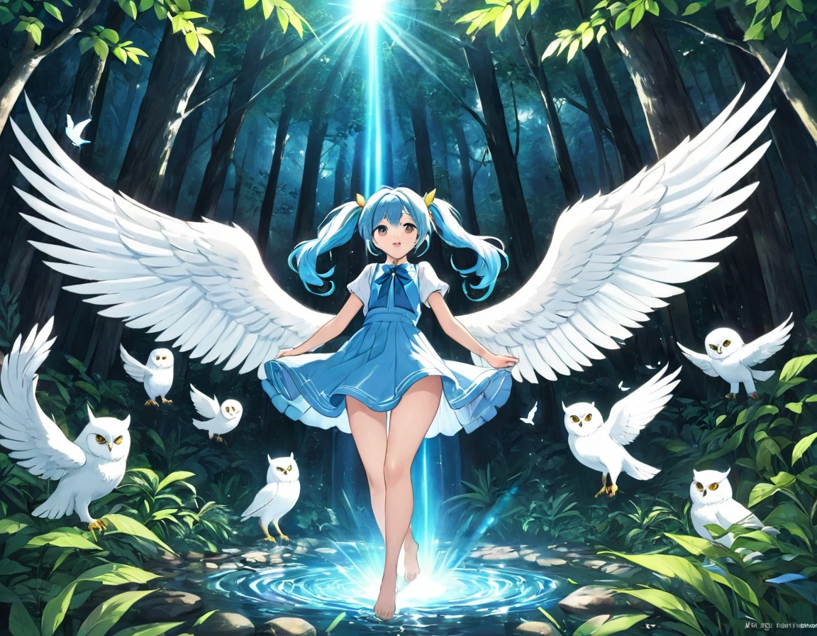 ((Ultra-detailed)), ((Best illustrations)), ((Cinema Lighting)), Dynamic Angle, floating, Are you okay, (flash: 1.2), (Shine: 1.2), (Shine: 1.2), "(Highest quality), 美しい少女のUltra-detailed描写, Light blue long hair、Twin tails、 In the colorful forest、Surrounded by pure white owls and vibrant plants.", Cinematic, refresh, essence, Rim Light, scattering